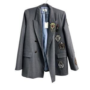 Vicolo Pinstripe Patch Accent Double Breasted Blazer Jacket Gray Women's Size M